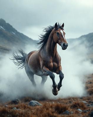 Primary subject: A brown horse running through a field.

Setting/background: The horse is running through a field with mountains in the background.

Visual style: The image is a photo of the horse in motion.

Colors and mood: The image has a sepia tone, giving it a vintage and nostalgic feel.