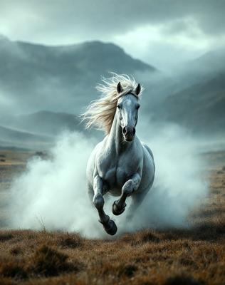 Primary subject: A white horse with a blonde mane running through a field of grass.

Setting/background: The horse is running through a field of grass, with mountains visible in the background.

Visual style: The image is a photo of the horse in motion.

Colors and mood: The image has a warm and natural color palette, with the white horse and the green grass creating a sense of freedom and movement.
