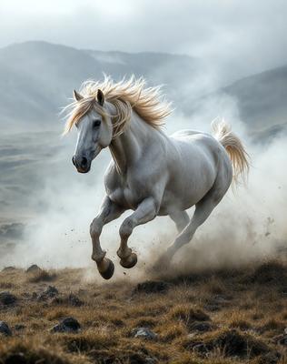 Primary subject: A white horse running in a field.

Setting/background: The horse is running through a field with mountains in the background.

Visual style: The image is a black and white photo.

Colors and mood: The image has a monochromatic color scheme, giving it a classic and timeless feel. The horse's white fur contrasts with the black and white background, creating a sense of motion and energy.