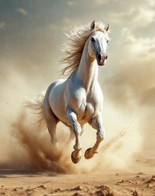 Primary subject: A white horse with blonde hair running in the sand.

Setting/background: A desert environment with sand and a cloudy sky.

Visual style: The image is a digital artwork featuring a white horse with blonde hair.

Colors and mood: The dominant colors are white and brown, with a sandy and dusty atmosphere.