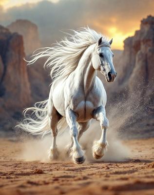 Primary subject: A white horse with long hair running on a dirt ground.

Setting/background: The horse is running in front of a mountain, with a rocky landscape in the background.

Visual style: The image is a photo of the horse in motion.

Colors and mood: The image has a warm and natural color palette, with the white horse standing out against the dirt ground and mountain backdrop.