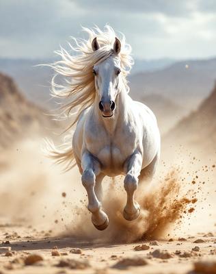 Primary subject: A white horse with blonde mane and tail, running on a dirt road.

Setting/background: The horse is running on a dirt road, with a mountainous background.

Visual style: The image is a photo of the horse in motion.

Colors and mood: The image has a warm and natural color palette, with the white horse and the dirt road creating a sense of motion and energy.