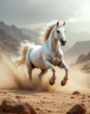 Primary subject: A white horse running on a dirt road.

Setting/background: The horse is running in a desert-like environment, with mountains visible in the background.

Visual style: The image is a photo of the horse in motion.

Colors and mood: The image has a warm and natural color palette, with the white horse standing out against the brown dirt and the mountains in the background. The overall atmosphere is energetic and dynamic, as the horse is captured in motion.
