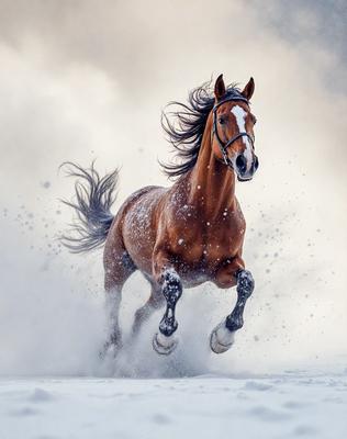Primary subject: A brown horse with a white face running through the snow.

Setting/background: The horse is running through a snowy field, with a cloudy sky in the background.

Visual style: The image is a photo of the horse in motion.

Colors and mood: The dominant colors are white, brown, and gray, creating a cold and wintry atmosphere.