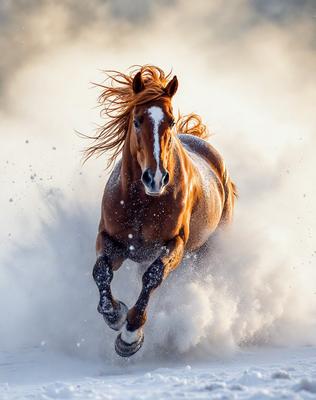 Primary subject: A brown horse with a white streak on its face, running through the snow.

Setting/background: The horse is running through a snowy field, with a blurred background.

Visual style: The image is a photo of the horse in motion.

Colors and mood: The dominant colors are white and brown, with a blurred effect from the motion of the horse. The overall atmosphere is energetic and dynamic.