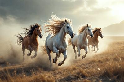 Primary subject: Horses running in a field.
Setting/background: A field with dry grass.
Visual style: A photo of the horses running.
Colors and mood: The image is in black and white, giving it a classic and timeless feel.