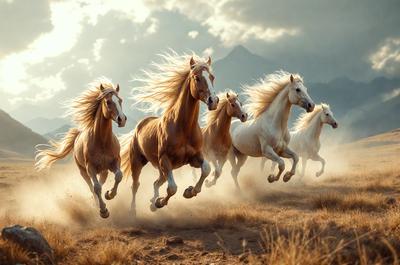 Primary subject: Horses
Setting/background: A field with mountains in the background
Visual style: Photo
Colors and mood: The horses are brown and white, and the scene has a warm and natural atmosphere.