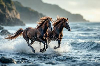 Primary subject: Two brown horses running through the ocean.

Setting/background: The ocean, with waves and a rocky shoreline visible in the background.

Visual style: The image is a photo of the two horses running through the ocean.

Colors and mood: The image has a vibrant and dynamic color palette, with the brown horses and the ocean's blue and white colors creating a lively and energetic atmosphere.
