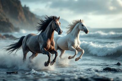 Primary subject: Two horses running on the beach.

Setting/background: The beach with waves crashing in the background.

Visual style: The image is a photo of the two horses running on the beach.

Colors and mood: The image has a vibrant and energetic atmosphere, with the horses' movement and the beach's natural colors.