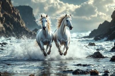 Primary subject: Two white horses running on the beach.

Setting/background: The beach, with waves crashing and rocks visible in the background.

Visual style: The image is a photo of the two horses running on the beach.

Colors and mood: The image is in black and white, giving it a classic and timeless feel. The horses' white coats contrast with the darker tones of the beach and the rocks, creating a sense of motion and energy.
