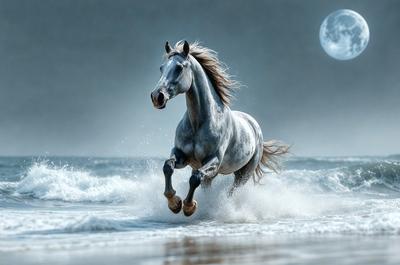 Primary subject: A horse running on the beach.

Setting/background: The beach with waves crashing on the shore.

Visual style: The image is a digital artwork.

Colors and mood: The image has a blue and white color scheme, creating a serene and calming atmosphere.