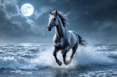 Primary subject: A horse running through the ocean at night.

Setting/background: The ocean at night, with a full moon in the background.

Visual style: Digital art.

Colors and mood: The image is in black and white, giving it a dramatic and moody atmosphere.
