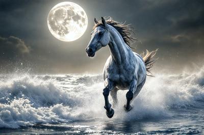 Primary subject: A white horse running through the ocean at night.

Setting/background: The ocean at night, with a full moon in the background.

Visual style: The image is a digital artwork.

Colors and mood: The image has a dark and dramatic mood, with the white horse standing out against the dark ocean and the full moon in the background.