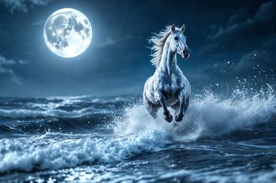 Primary subject: A white horse running through the ocean at night.

Setting/background: The ocean at night, with a full moon in the background.

Visual style: Digital art.

Colors and mood: The image is in black and white, giving it a dramatic and moody atmosphere.