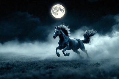 Primary subject: A horse running in the dark.

Setting/background: The horse is running in a field at night, with a moon in the sky.

Visual style: The image is a digital art or illustration.

Colors and mood: The image has a dark and moody atmosphere, with the horse and the night sky being the main focus.