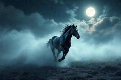 Primary subject: A horse running in the fog.

Setting/background: The horse is running through a foggy field, with a cloudy sky above.

Visual style: The image is a digital artwork.

Colors and mood: The image has a dark and moody atmosphere, with the horse and the fog creating a sense of mystery and drama.