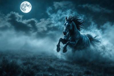 Primary subject: A horse running in a field at night.

Setting/background: The horse is running in a field with a night sky in the background.

Visual style: The image is a digital art or illustration of a horse running in the night.

Colors and mood: The image has a dark and dramatic atmosphere, with the horse and the night sky as the main focus.