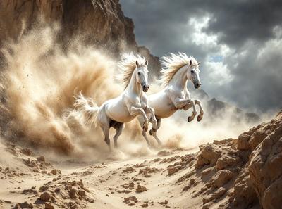 Primary subject: Two white horses running on a dirt road.

Setting/background: The horses are running on a dirt road, with a rocky hillside in the background.

Visual style: The image is a photo of the two horses in motion.

Colors and mood: The image has a sepia tone, giving it a warm and nostalgic feel.