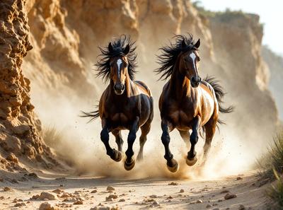 Primary subject: Two horses running on a dirt road.

Setting/background: The horses are running on a dirt road, with a hillside in the background.

Visual style: The image is a photo of the two horses running.

Colors and mood: The image has a warm and dynamic color palette, with the horses' coats and the dirt road creating a sense of motion and energy.