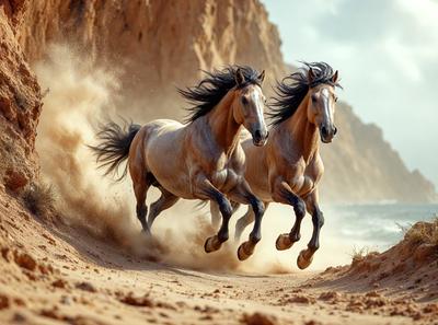 Primary subject: Two horses running on a beach.

Setting/background: The horses are running on a sandy beach, with a rocky cliff in the background.

Visual style: The image is a photo of the two horses running on the beach.

Colors and mood: The image has a warm and vibrant color palette, with the sandy beach and the horses' coats creating a sense of energy and freedom.