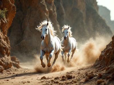 Primary subject: Two white horses running on a dirt road.

Setting/background: The horses are running on a dirt road, with a rocky hillside in the background.

Visual style: The image is a photo of the two horses running.

Colors and mood: The image has a warm and natural color palette, with the white horses and the dirt road creating a sense of motion and energy.