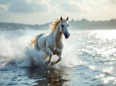 Primary subject: A white horse running through the water.

Setting/background: The horse is running through the ocean, with the water splashing around it.

Visual style: The image is a photo of the horse in motion.

Colors and mood: The image has a vibrant and energetic atmosphere, with the white horse standing out against the blue ocean water.