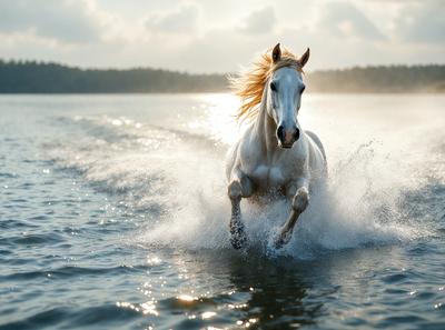 Primary subject: A white horse running through the water.

Setting/background: The horse is running through a body of water, possibly a lake or a river.

Visual style: The image is a photo of the horse in motion.

Colors and mood: The image has a vibrant and lively atmosphere, with the white horse standing out against the water.
