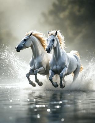 Primary subject: Two white horses running through water.

Setting/background: The horses are running through a body of water, possibly a river or a lake.

Visual style: The image is a digital art or illustration, featuring two white horses with flowing manes.

Colors and mood: The image has a vibrant and lively atmosphere, with the white horses and the water creating a sense of motion and energy.