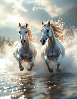 The primary subject of the image is two white horses running through water. They are the main focus of the scene, and their movement and beauty are the central elements. The setting is a body of water, which provides a natural and serene backdrop for the horses. The visual style of the image is a photo, capturing the horses in their natural environment. The colors and mood of the image are predominantly white, with the water and the horses' manes adding a touch of blue and a sense of motion and energy.