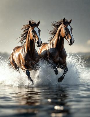 The primary subject of the image is two brown horses running through water. They are the main focus of the scene, and their movement and interaction with the water create a dynamic and engaging visual experience. The setting is a body of water, which serves as the backdrop for the horses' action. The visual style of the image is a photo, capturing the horses in their natural environment. The colors and mood of the image are predominantly brown and blue, reflecting the natural hues of the horses and the water.