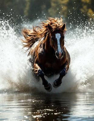 The primary subject of the image is a brown horse with a white face, running through water and spraying it behind it. The horse is the main focus of the scene, and it appears to be enjoying the water as it gallops through it. The setting is a body of water, and the visual style is a photo. The colors in the image are predominantly brown and white, creating a natural and serene atmosphere.