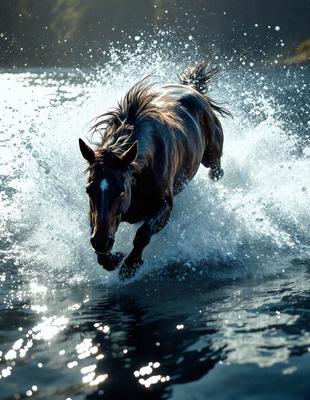 Primary subject: A brown horse with a white stripe on its face, running through water.

Setting/background: The horse is running through a body of water, possibly a lake or a river.

Visual style: The image is a photo of the horse in action.

Colors and mood: The horse is brown with a white stripe on its face, and the water appears to be blue. The overall atmosphere is energetic and dynamic.