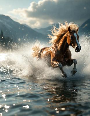 Primary subject: A brown horse with blonde hair running through water.

Setting/background: The horse is running through a body of water, possibly a lake or a river.

Visual style: The image is a photo of the horse in motion.

Colors and mood: The image has a vibrant and dynamic atmosphere, with the horse's blonde mane and the water creating a sense of movement and energy.