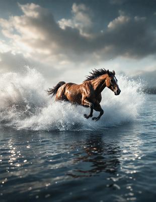 Primary subject: A brown horse running through water.

Setting/background: The horse is running through a body of water, possibly a lake or a river.

Visual style: The image is a photo of the horse in action.

Colors and mood: The image has a vibrant and dynamic atmosphere, with the horse's brown color contrasting against the water.