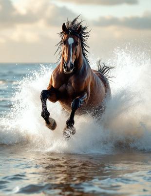 Primary subject: A brown horse with a white face running through the ocean.

Setting/background: The ocean, with waves and water splashing around the horse.

Visual style: The image is a photo of the horse in action.

Colors and mood: The horse is brown and white, and the overall atmosphere is energetic and dynamic.