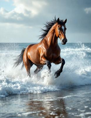 Primary subject: A brown horse running through the ocean waves.

Setting/background: The ocean, with waves and water surrounding the horse.

Visual style: The image is a photo of the horse running through the ocean waves.

Colors and mood: The dominant colors are brown and blue, with the ocean waves adding a sense of motion and energy to the scene. The overall atmosphere is dynamic and exciting.