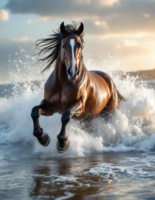 Primary subject: A brown horse running through the ocean waves.

Setting/background: The ocean, with waves and water surrounding the horse.

Visual style: The image is a photo of the horse running through the ocean waves.

Colors and mood: The image has a vibrant and dynamic color palette, with the brown horse standing out against the blue ocean and white waves. The overall atmosphere is energetic and captivating.