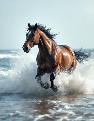 Primary subject: A brown horse running through the ocean waves.

Setting/background: The ocean, with waves and water surrounding the horse.

Visual style: The image is a photo of the horse running through the ocean waves.

Colors and mood: The dominant colors are brown and blue, with the ocean waves adding a sense of motion and energy to the scene. The overall atmosphere is dynamic and exciting.
