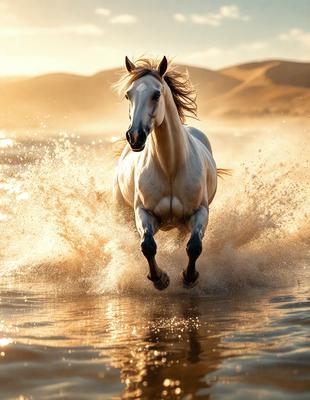 Primary subject: A white horse running through water.

Setting/background: The horse is running through a body of water, possibly a lake or a river.

Visual style: The image is a photo of the horse in motion.

Colors and mood: The image has a vibrant and dynamic atmosphere, with the white horse standing out against the water.