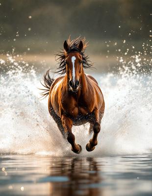 Primary subject: A brown horse with a white stripe on its face, running through water.

Setting/background: The horse is running through a body of water, possibly a lake or a river.

Visual style: The image is a photo of the horse in motion.

Colors and mood: The horse is brown with a white stripe on its face, and the water appears to be blue. The overall atmosphere is energetic and dynamic.