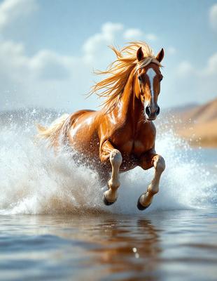 Primary subject: A brown horse with blonde hair running through water.

Setting/background: The horse is running through a body of water, possibly a lake or a river.

Visual style: The image is a photo of the horse in motion.

Colors and mood: The horse has a brown coat with blonde hair, and the water appears to be blue. The overall atmosphere is energetic and dynamic.