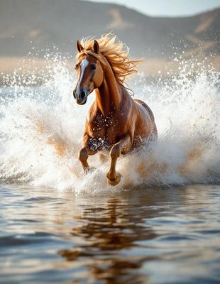 Primary subject: A brown horse with blonde hair running through water.

Setting/background: The horse is running through a body of water, possibly a lake or a river.

Visual style: The image is a photo of the horse in motion.

Colors and mood: The horse has a golden color, and the overall atmosphere is energetic and dynamic.