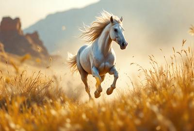 Primary subject: A white horse running in a field.

Setting/background: The horse is running in a field with tall grass, and there are mountains in the background.

Visual style: The image is a photo of the horse running in the field.

Colors and mood: The image has a warm and natural color palette, with the white horse standing out against the green grass and brown mountains.