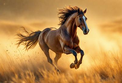 Primary subject: A brown horse running in a field.

Setting/background: The horse is running through a field with dry grass, and there is a sunset in the background.

Visual style: The image is a photo of the horse in motion.

Colors and mood: The dominant colors are brown and orange, with a warm and dynamic atmosphere.