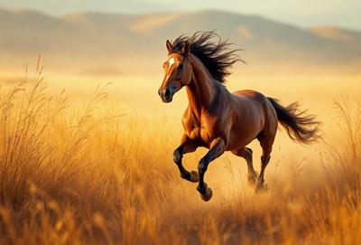 Primary subject: A brown horse running in a field.

Setting/background: The horse is running in a field with tall grass, and there are mountains in the background.

Visual style: The image is a photo of the horse running in the field.

Colors and mood: The dominant colors are brown and yellow, and the overall atmosphere is energetic and dynamic.