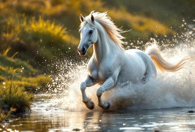 Primary subject: A white horse running through water.

Setting/background: The horse is running through a stream of water, with a grassy field visible in the background.

Visual style: The image is a photo of the horse in motion.

Colors and mood: The image has a vibrant and lively atmosphere, with the white horse standing out against the water and grassy field.