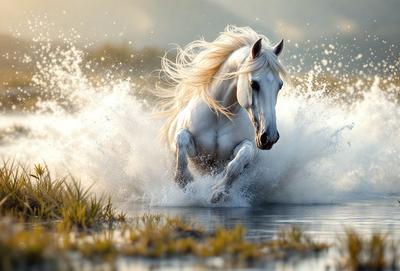 The primary subject of the image is a white horse running through a body of water, such as a river or a lake. The horse is surrounded by a lush green field, which serves as the setting for the scene. The visual style of the image is a photo, capturing the horse in motion and the surrounding environment. The colors in the image are predominantly white and green, creating a serene and natural atmosphere.