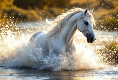 The primary subject of the image is a white horse with a flowing mane, galloping through a body of water. The horse is the main focus of the scene, and it appears to be enjoying the water as it moves through it. The setting is a natural environment, with the water providing a backdrop for the horse. The visual style of the image is a photo, capturing the horse in motion and the water splashing around it. The colors in the image are predominantly white, with the water and the