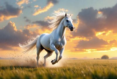 Primary subject: A white horse running in a field.

Setting/background: The horse is running in a grassy field with a cloudy sky in the background.

Visual style: The image is a digital art illustration of a white horse running in a field.

Colors and mood: The image has a warm and vibrant color palette, with the white horse standing out against the green grass and the cloudy sky.