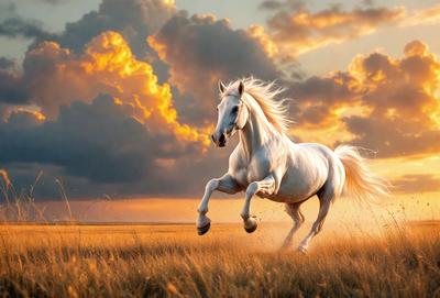 Primary subject: A white horse running in a field.

Setting/background: The horse is running in a field with a cloudy sky in the background.

Visual style: The image is a digital art or illustration of a white horse running in a field.

Colors and mood: The image has a warm and vibrant color palette, with the white horse standing out against the cloudy sky.